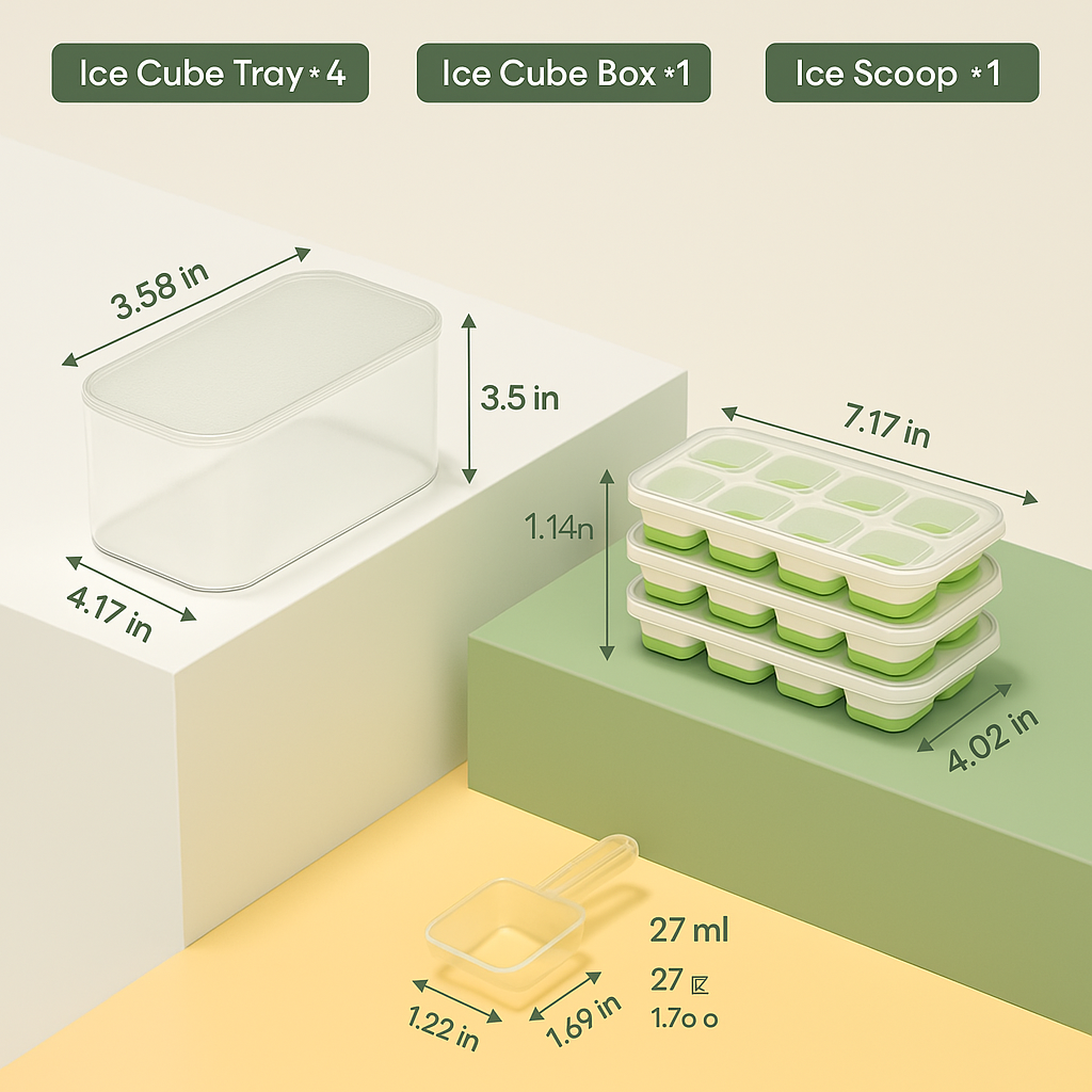 Stackable Silicone Ice Cube Trays with Storage Bin-White-Green-Nora Luxe