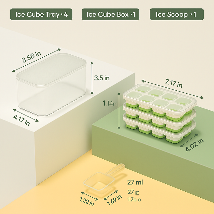 Stackable Silicone Ice Cube Trays with Storage Bin-White-Green-Nora Luxe