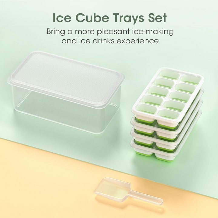 Stackable Silicone Ice Cube Trays with Storage Bin-White-Green-Nora Luxe