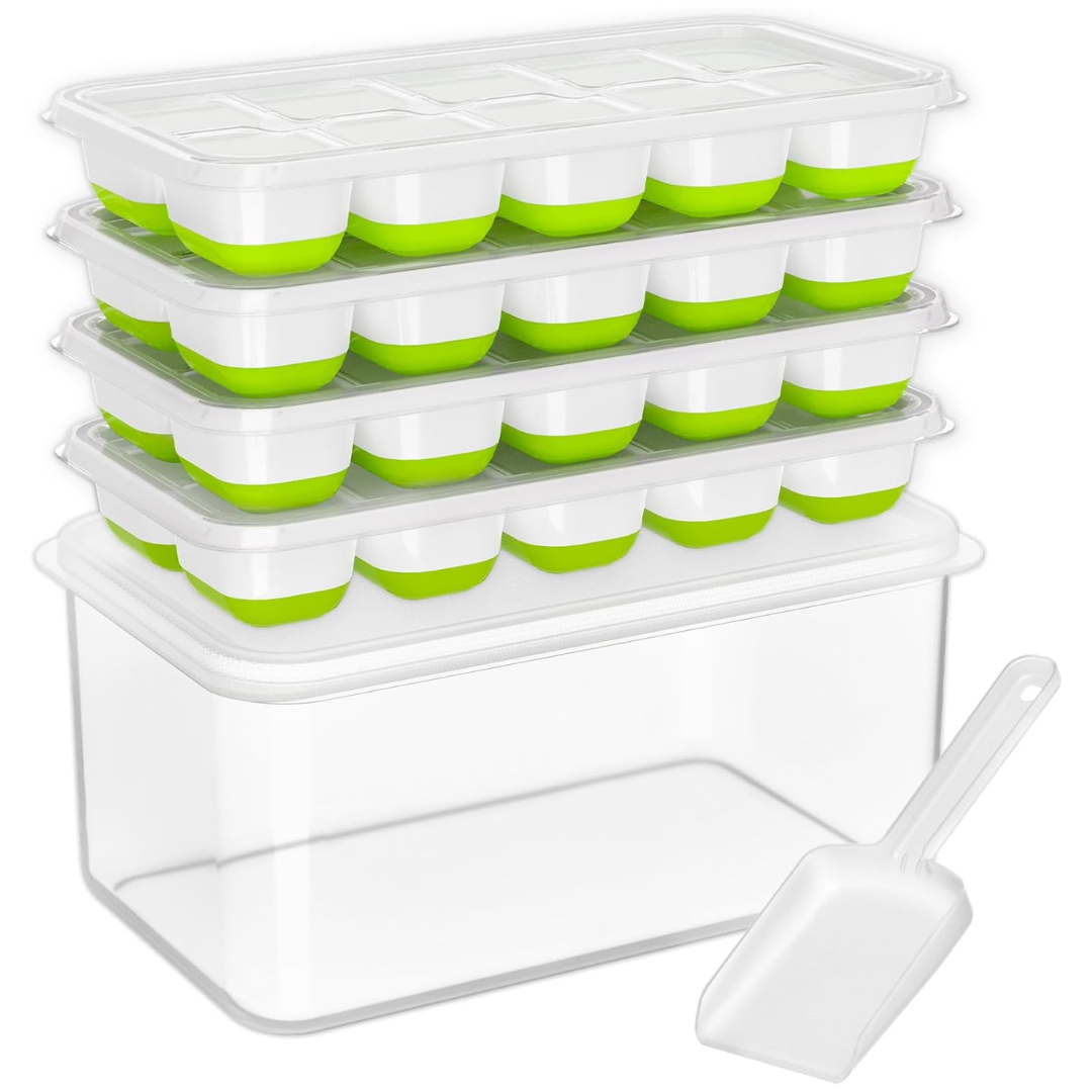 Stackable Silicone Ice Cube Trays with Storage Bin-White-Green-Nora Luxe