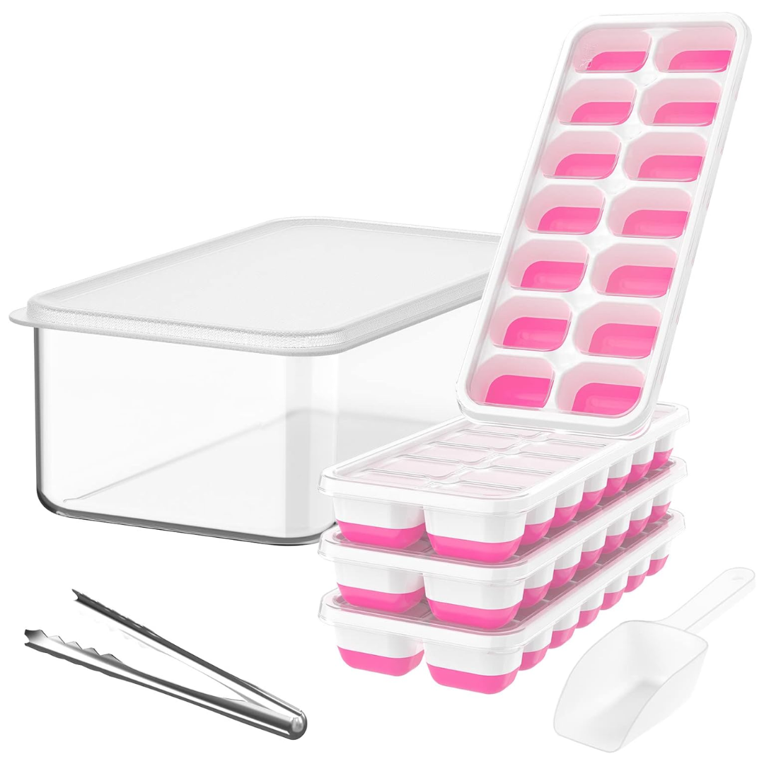 Stackable Silicone Ice Cube Trays with Storage Bin-White-Pink-Nora Luxe