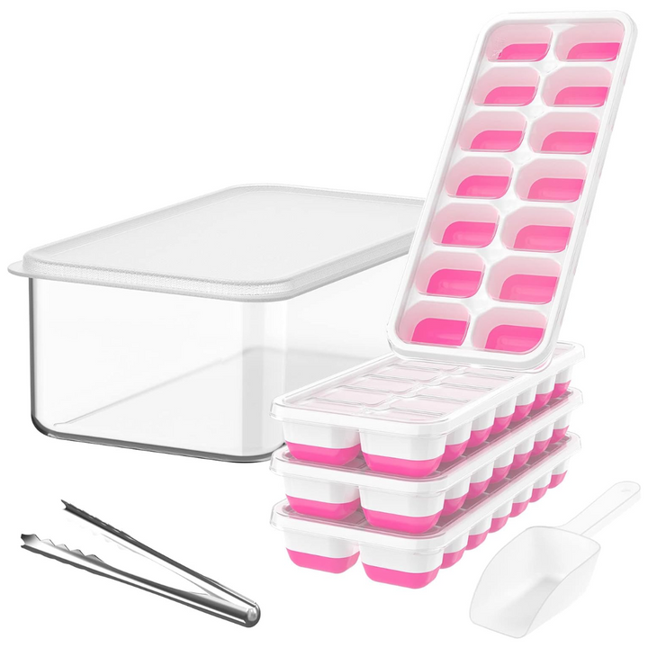 Stackable Silicone Ice Cube Trays with Storage Bin-White-Pink-Nora Luxe