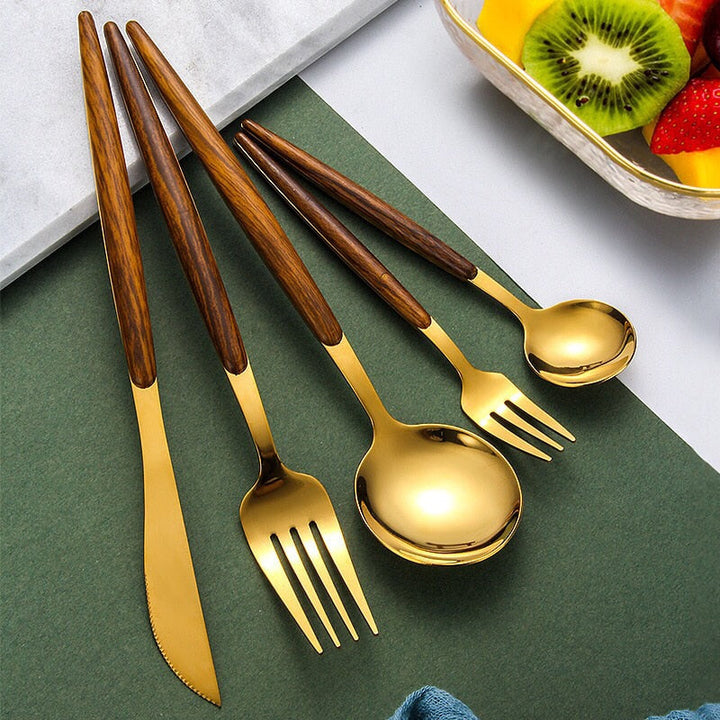 Stainless Steel Cutlery Set with Wooden Handle - WoodCraft-Gold-Nora Luxe