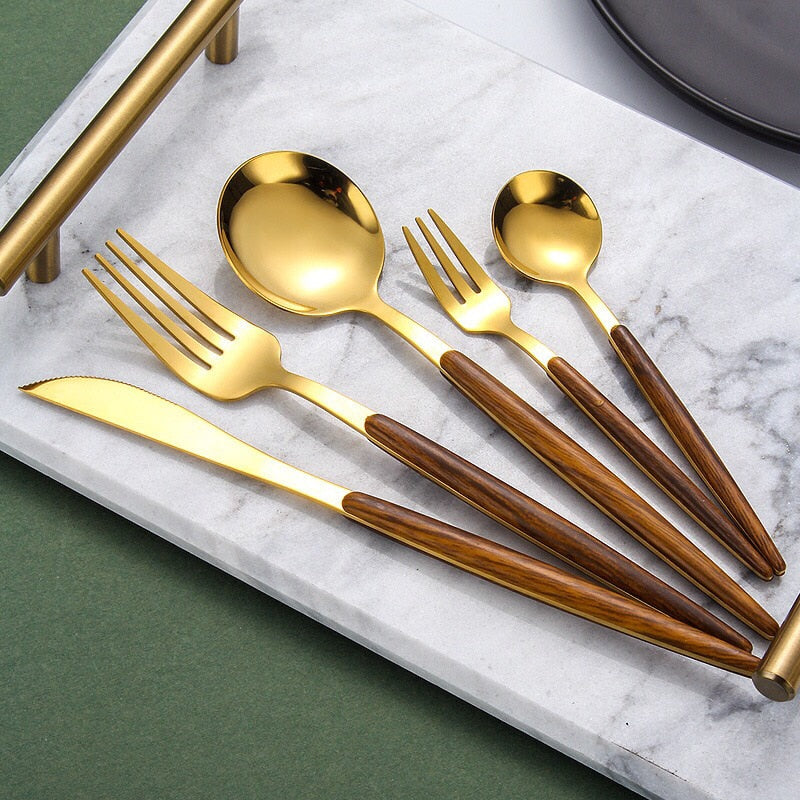 Stainless Steel Cutlery Set with Wooden Handle - WoodCraft-Gold-Nora Luxe