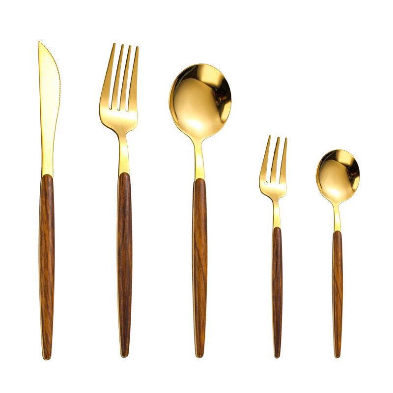 Stainless Steel Cutlery Set with Wooden Handle - WoodCraft-Gold-Nora Luxe