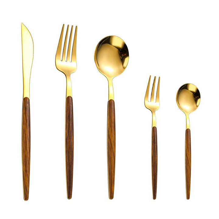 Stainless Steel Cutlery Set with Wooden Handle - WoodCraft-Gold-Nora Luxe