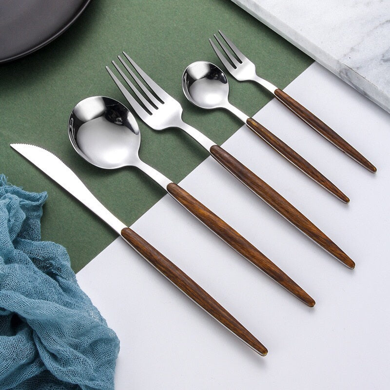 Stainless Steel Cutlery Set with Wooden Handle - WoodCraft-Gold-Nora Luxe