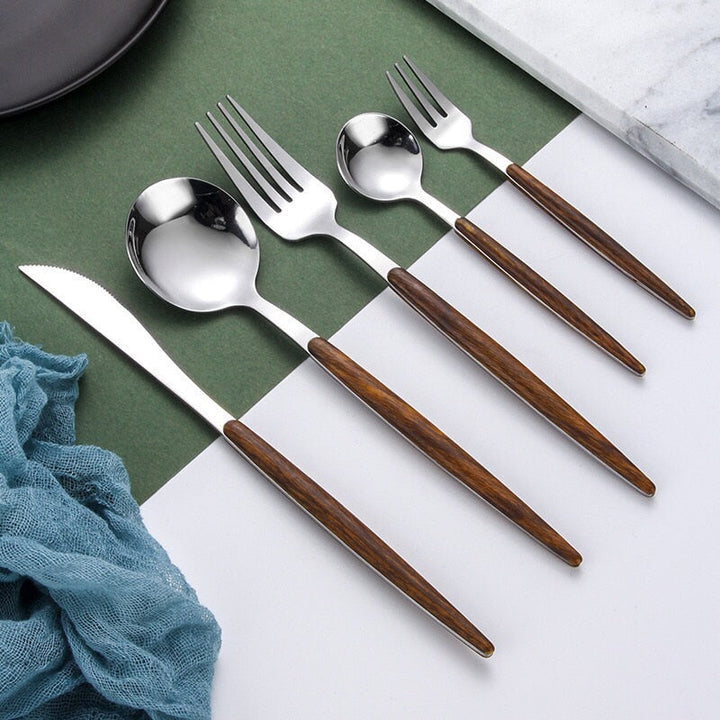 Stainless Steel Cutlery Set with Wooden Handle - WoodCraft-Gold-Nora Luxe