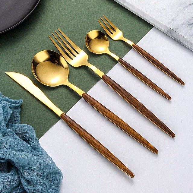 Stainless Steel Cutlery Set with Wooden Handle - WoodCraft-Gold-Nora Luxe