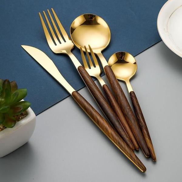 Stainless Steel Cutlery Set with Wooden Handle - WoodCraft-Gold-Nora Luxe