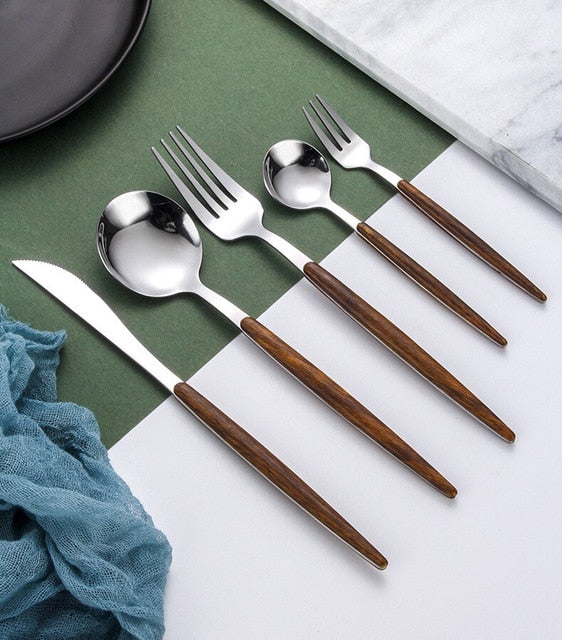 Stainless Steel Cutlery Set with Wooden Handle - WoodCraft-Silver-Nora Luxe