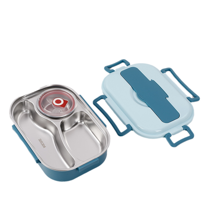 Stainless Steel Thermo Lunchbox - SteelLunch-Blue-3 compartments with soup bowls-Nora Luxe