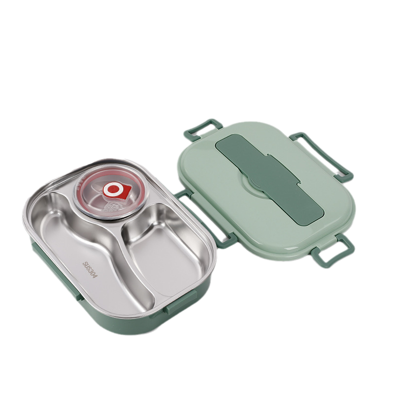 Stainless Steel Thermo Lunchbox - SteelLunch-Green-3 compartments with soup bowls-Nora Luxe