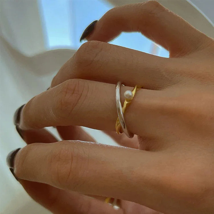 Sterling Silver Cross Ring with Pearl - Alina-Nora Luxe