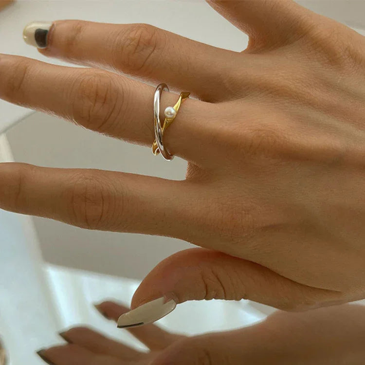 Sterling Silver Cross Ring with Pearl - Alina-Nora Luxe