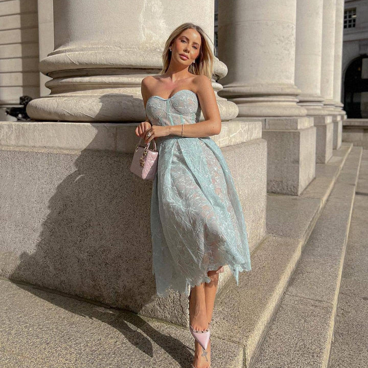 Strapless Kant Midi Dress with Corset Top - Luna-Blue-XS-Nora Luxe