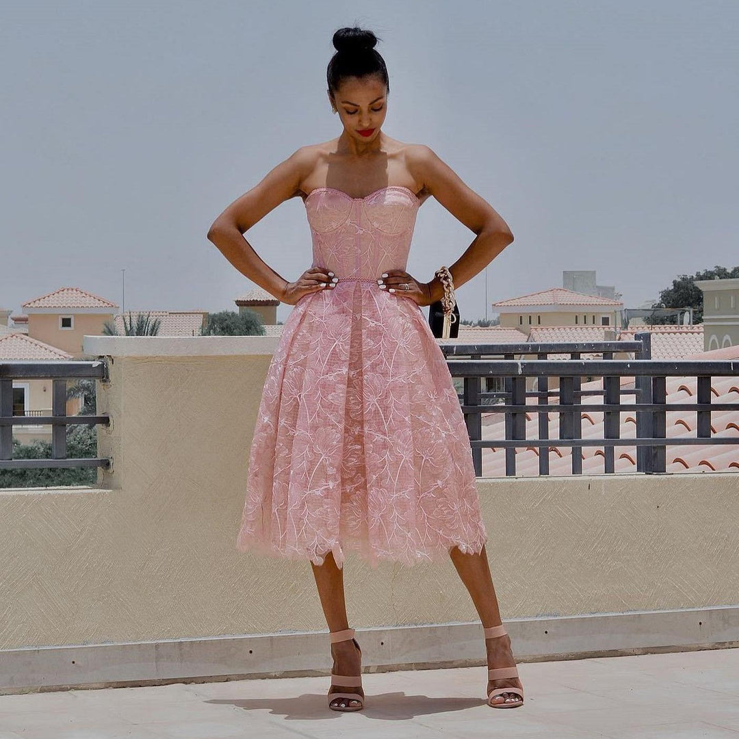 Strapless Kant Midi Dress with Corset Top - Luna-Pink-XS-Nora Luxe