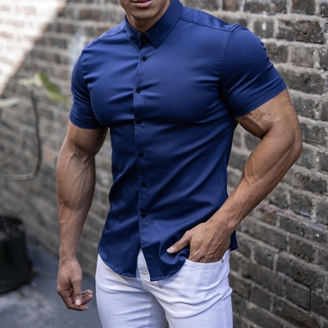 Stretch Short Sleeve Muscle Shirt - LeoFit-Blue-M-Nora Luxe