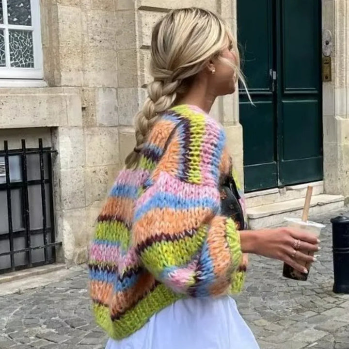 Striped Cardigan with Open Design - Mia-Green-S-Nora Luxe