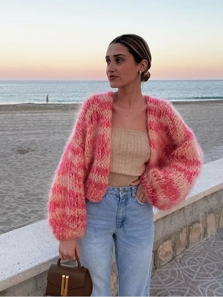 Striped Cardigan with Open Design - Mia-Pink-S-Nora Luxe