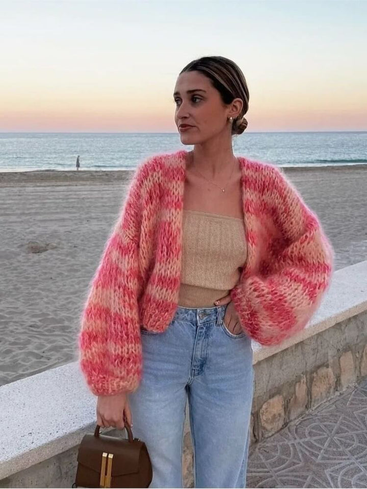 Striped Cardigan with Open Design - Mia-Pink-S-Nora Luxe