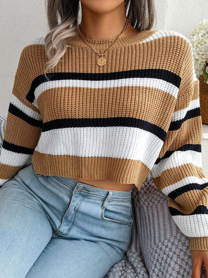 Striped Crop Sweater - Emory-Khaki-S-Nora Luxe