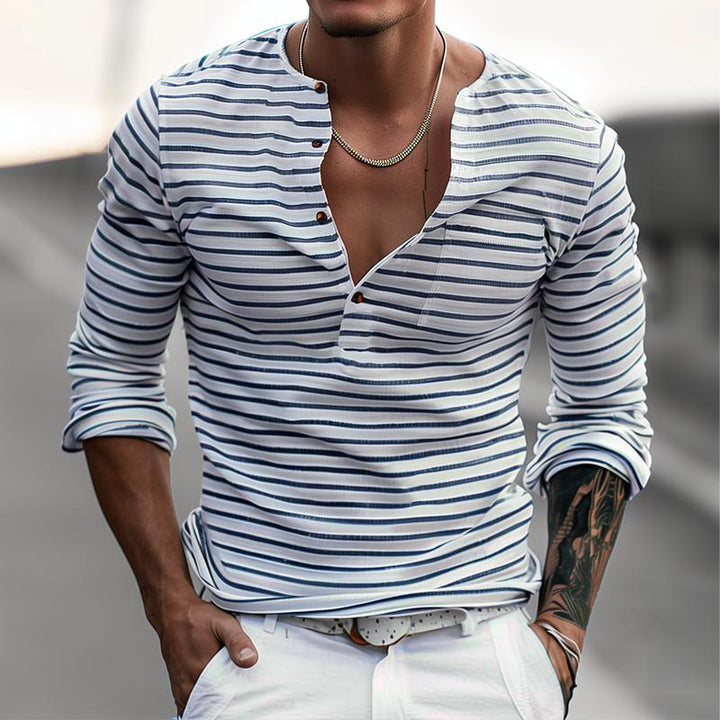 Striped Henley Shirt with Long Sleeves – Ewan-S-State of Style