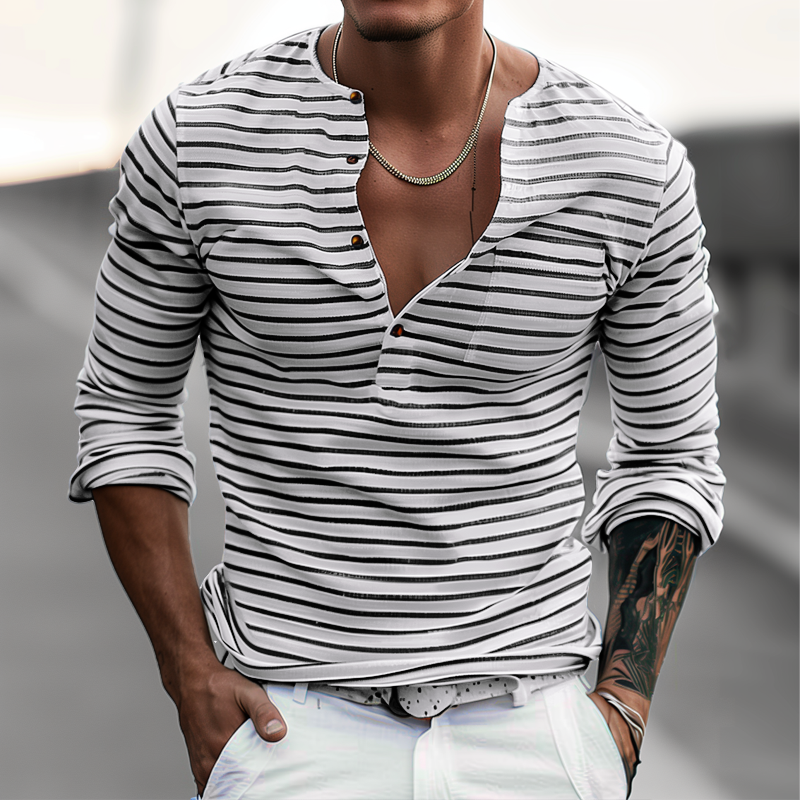 Striped Henley Shirt with Long Sleeves – Ewan-S-State of Style