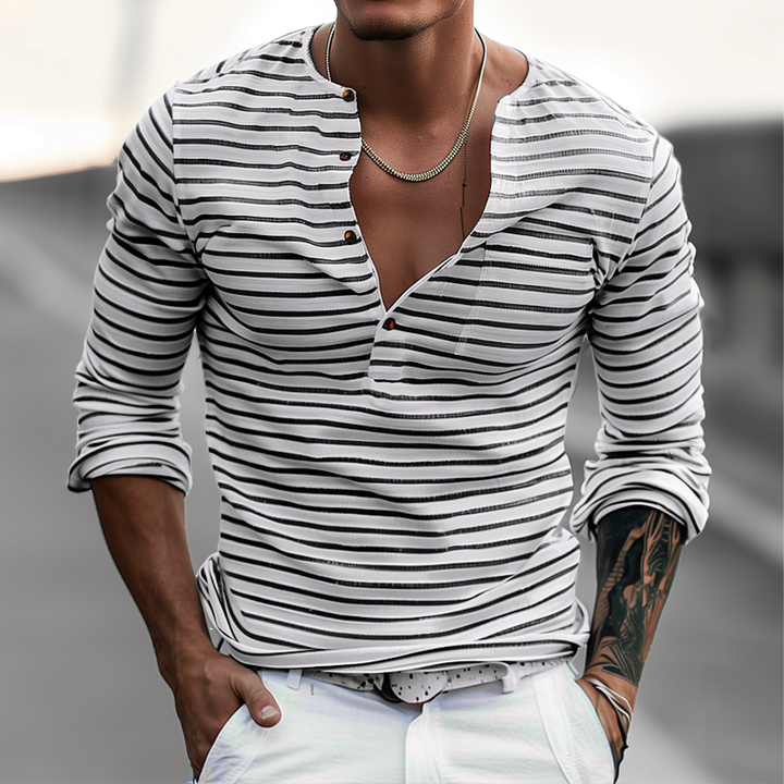 Striped Henley Shirt with Long Sleeves – Ewan-S-State of Style