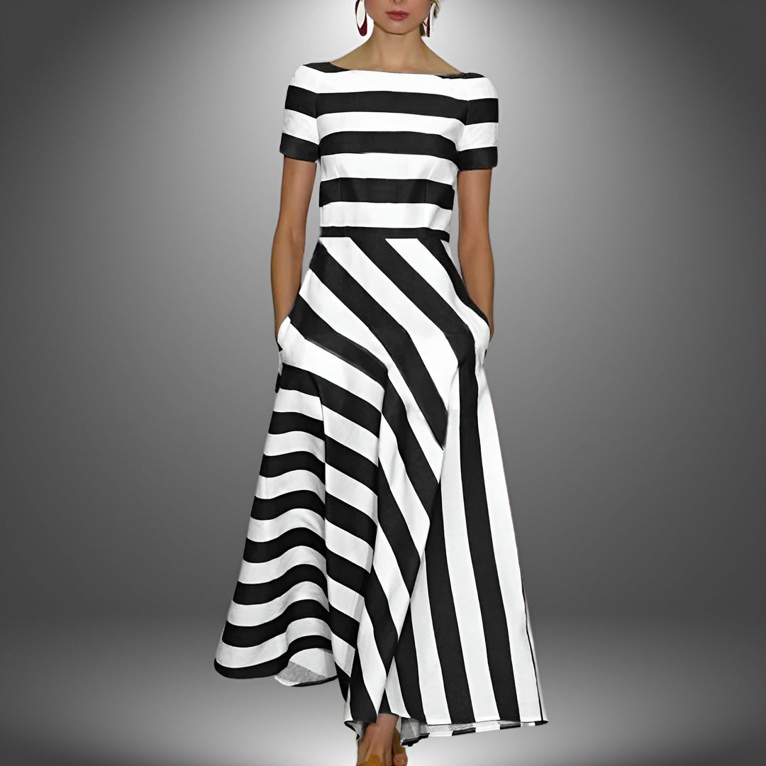 Striped & Stylish Maxi Dress with Short Sleeves – Noemi-Black-S-Nora Luxe
