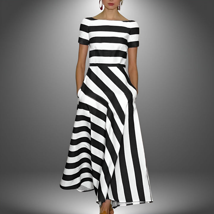 Striped & Stylish Maxi Dress with Short Sleeves – Noemi-Black-S-Nora Luxe