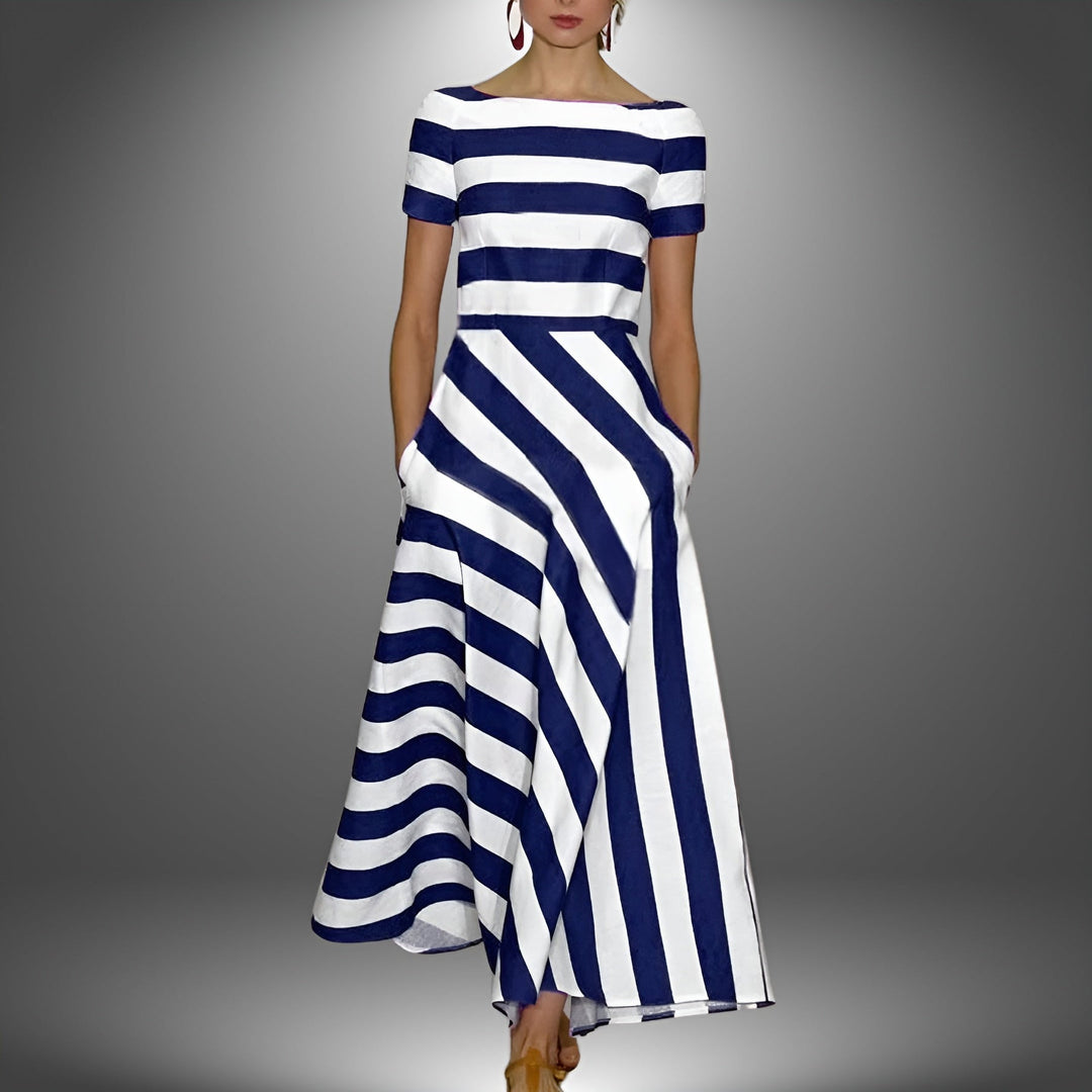 Striped & Stylish Maxi Dress with Short Sleeves – Noemi-Blue-S-Nora Luxe