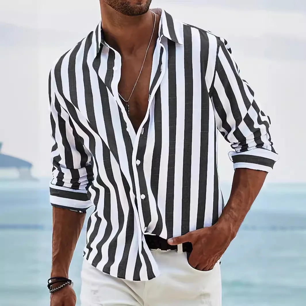 Striped summer shirt made of cotton and linen for men - Moritz-Black-S-Nora Luxe