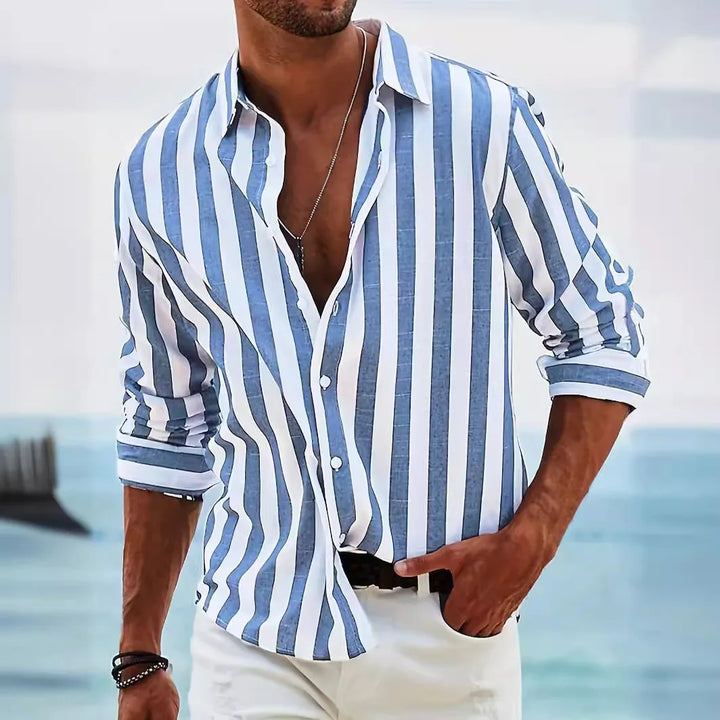Striped summer shirt made of cotton and linen for men - Moritz-Blue-S-Nora Luxe