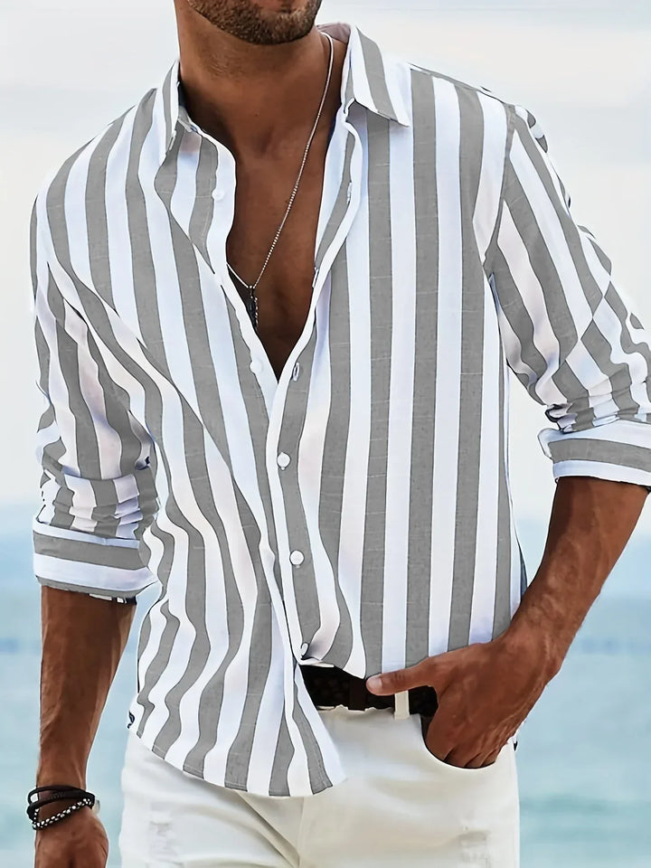 Striped summer shirt made of cotton and linen for men - Moritz-Light gray-S-Nora Luxe