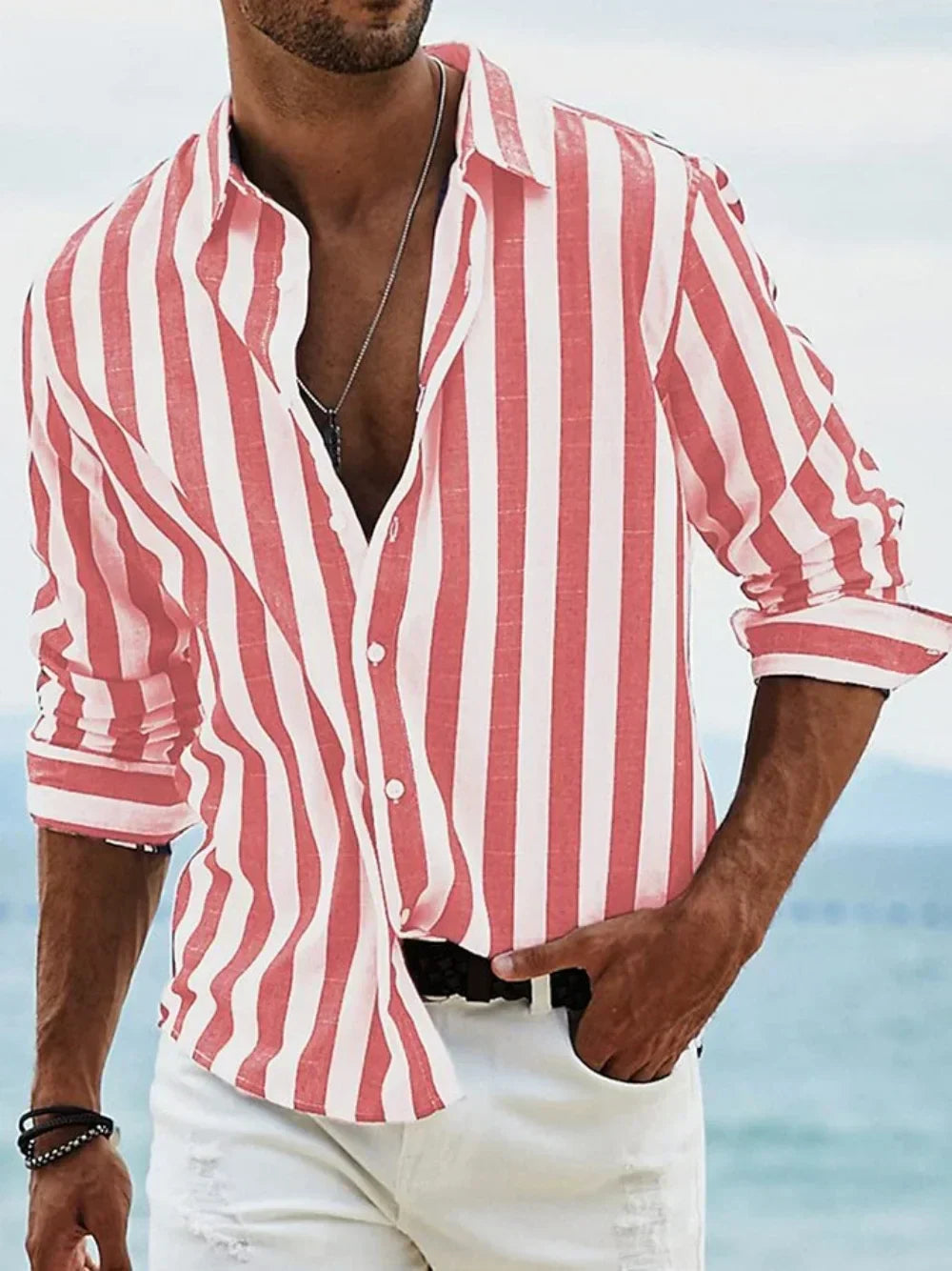 Striped summer shirt made of cotton and linen for men - Moritz-Red-S-Nora Luxe
