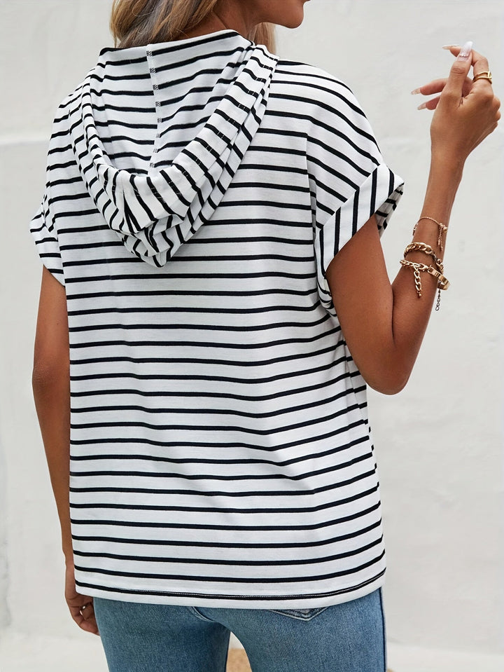 Striped Women's Hoodie with Short Sleeves and Button Closure – Romy-S-State of Style
