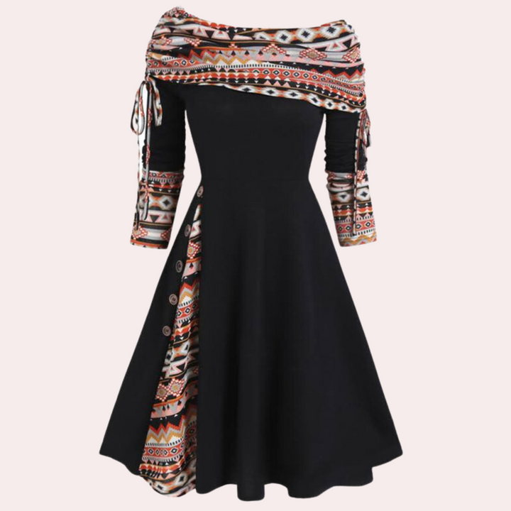 Stylish A-line Dress with Accent Print - Elara-Black-XS-Nora Luxe