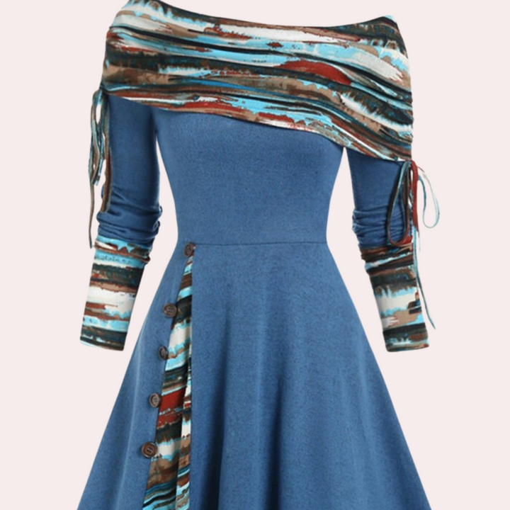 Stylish A-line Dress with Accent Print - Elara-Blue-XS-Nora Luxe