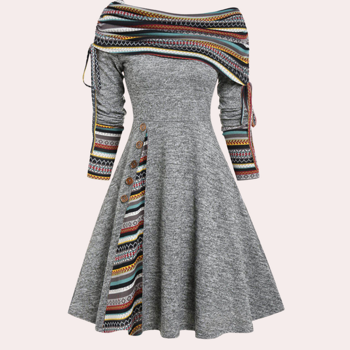 Stylish A-line Dress with Accent Print - Elara-Gray-XS-Nora Luxe