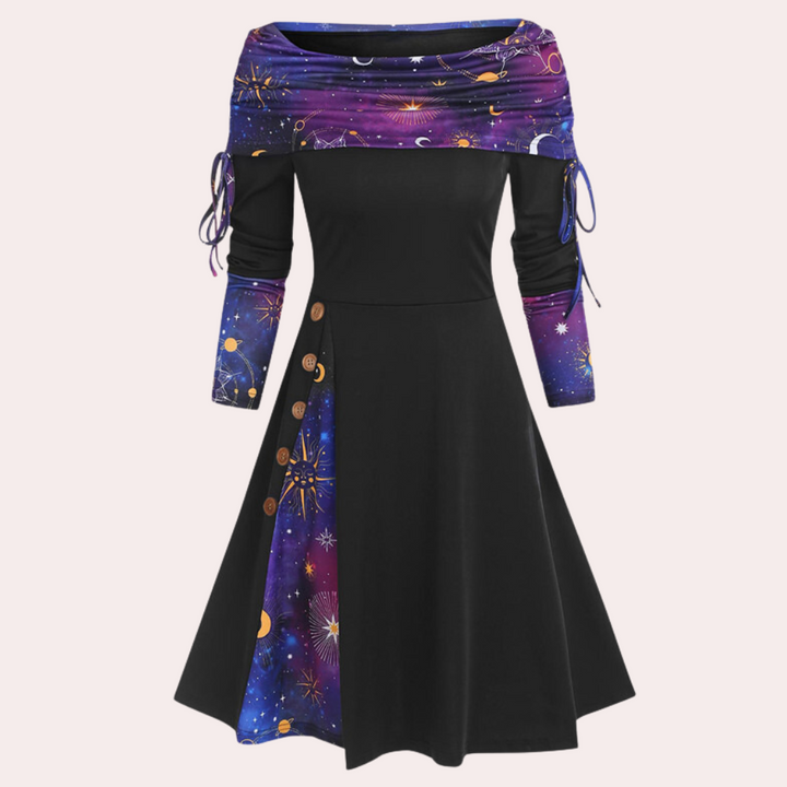 Stylish A-line Dress with Accent Print - Elara-Purple-XS-Nora Luxe