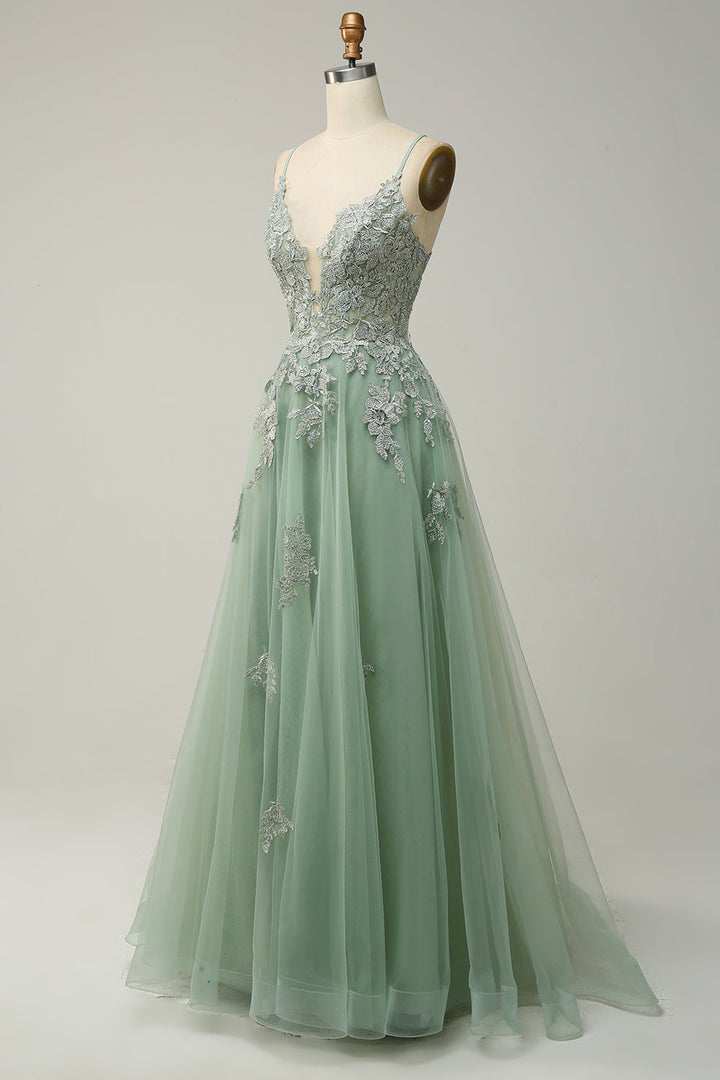 Stylish A-line Evening Dress with Spaghetti Straps and Lace-up Closure - Julia-Dark green-0-Nora Luxe
