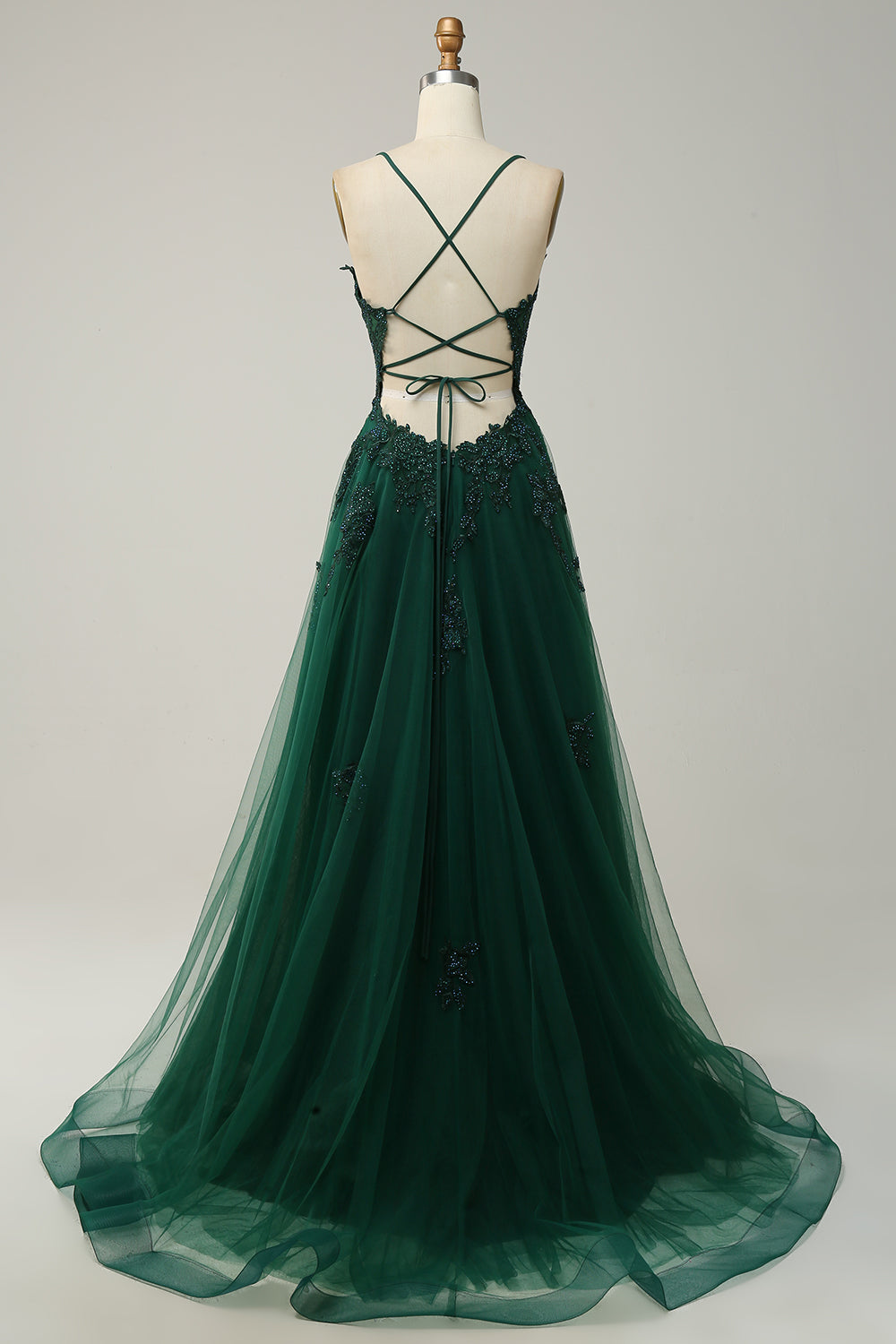 Stylish A-line Evening Dress with Spaghetti Straps and Lace-up Closure - Julia-Dark green-0-Nora Luxe