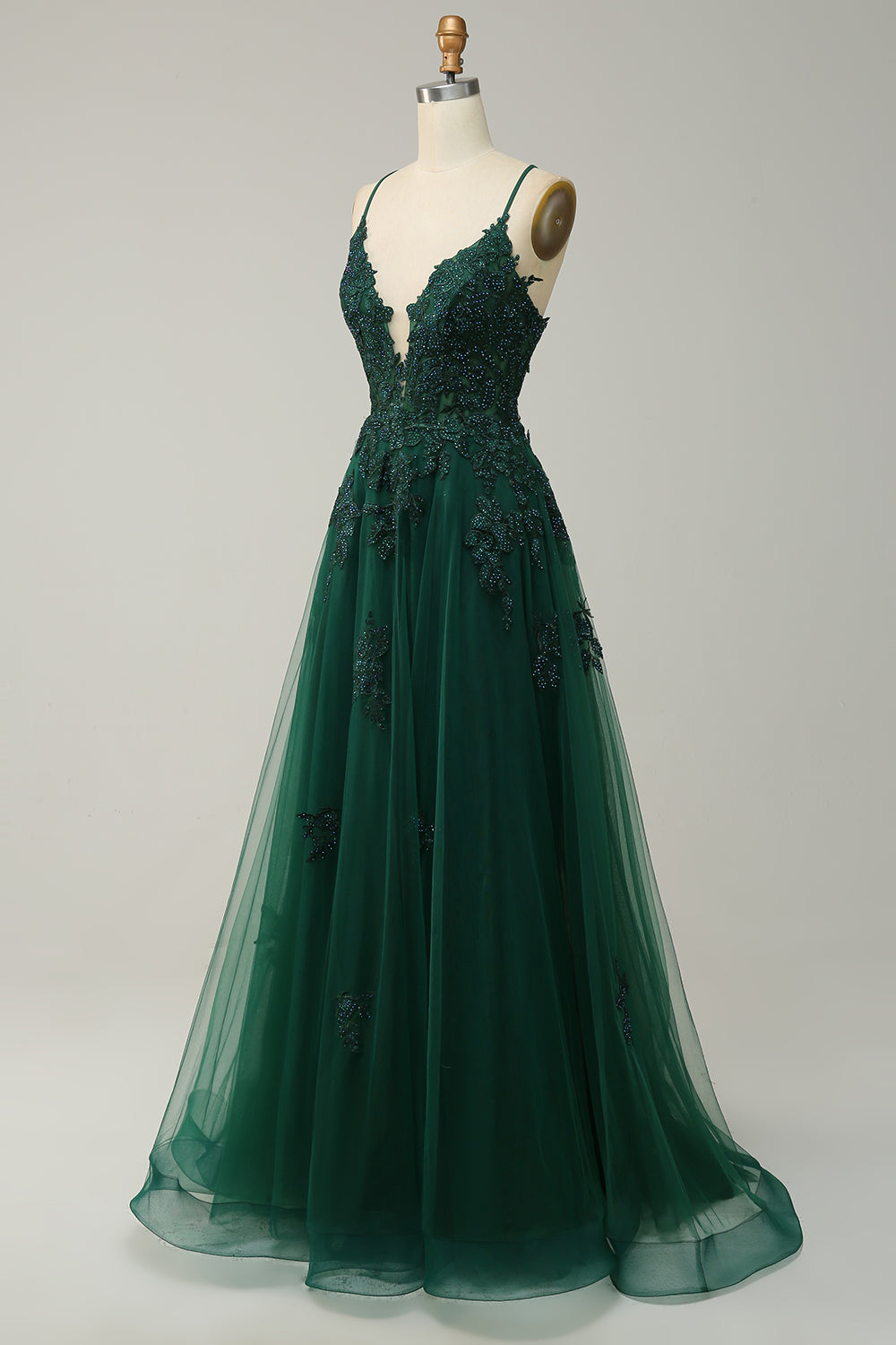 Stylish A-line Evening Dress with Spaghetti Straps and Lace-up Closure - Julia-Dark green-0-Nora Luxe
