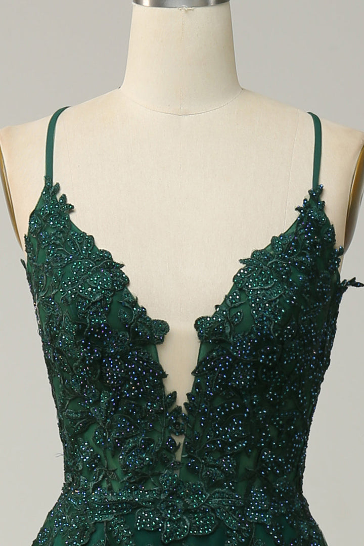 Stylish A-line Evening Dress with Spaghetti Straps and Lace-up Closure - Julia-Dark green-0-Nora Luxe