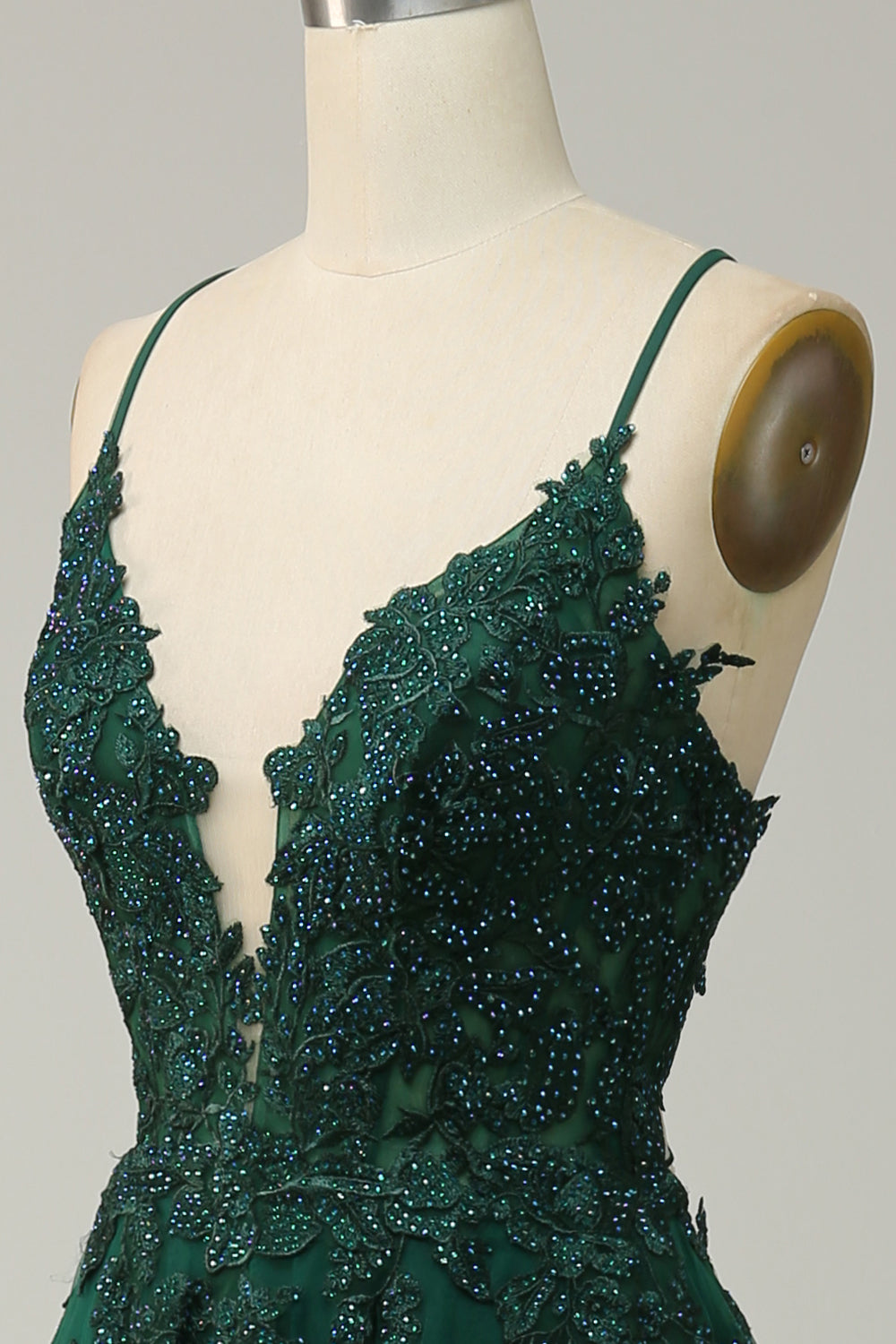 Stylish A-line Evening Dress with Spaghetti Straps and Lace-up Closure - Julia-Dark green-0-Nora Luxe