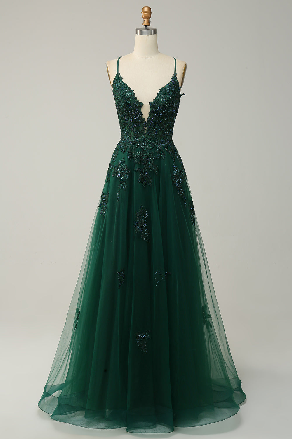 Stylish A-line Evening Dress with Spaghetti Straps and Lace-up Closure - Julia-Dark green-0-Nora Luxe