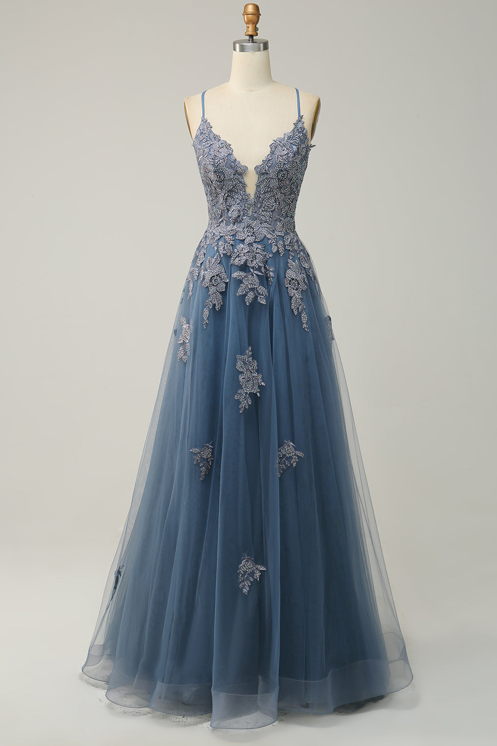 Stylish A-line Evening Dress with Spaghetti Straps and Lace-up Closure - Julia-Grey-blue-0-Nora Luxe