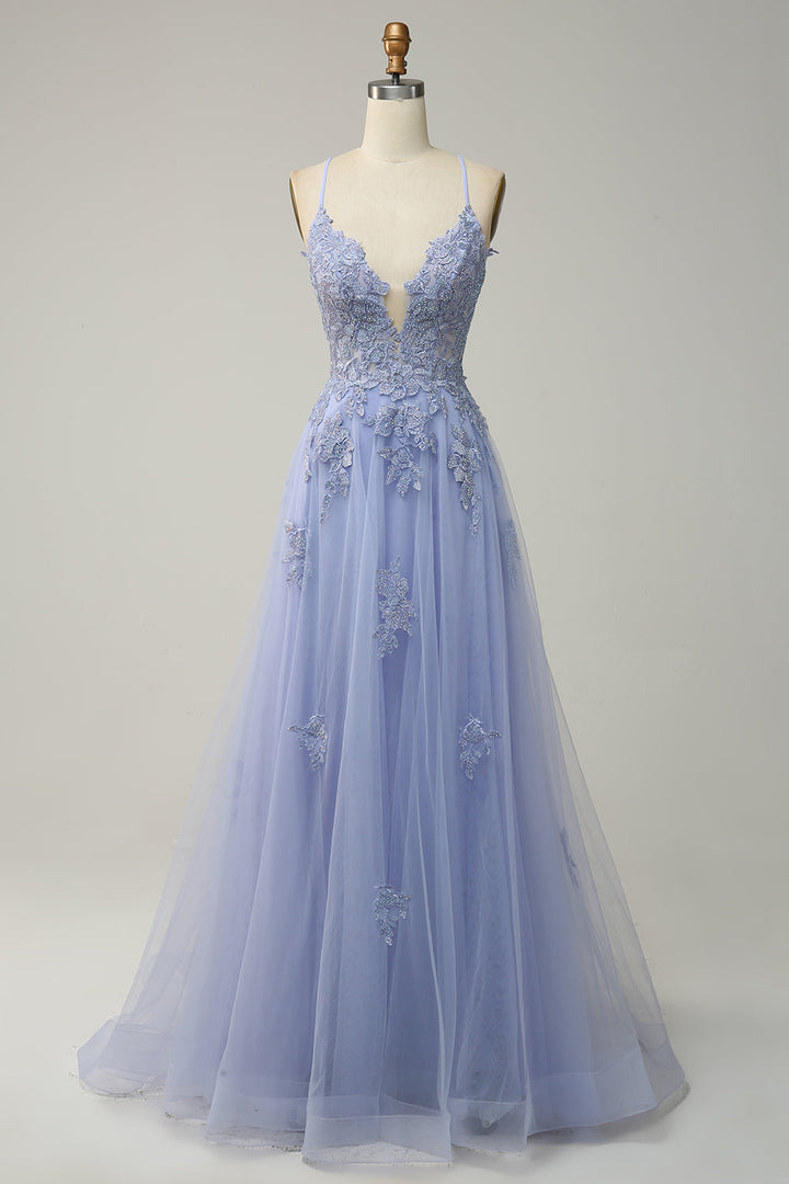 Stylish A-line Evening Dress with Spaghetti Straps and Lace-up Closure - Julia-Light purple-0-Nora Luxe