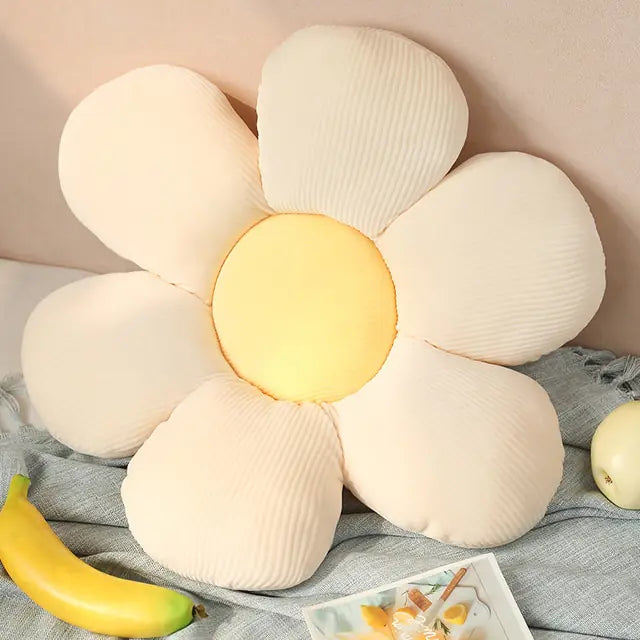 Stylish and Comfortable Flower-Shaped Cushion - Floral Bliss-White-Yellow-13.78 in-Nora Luxe